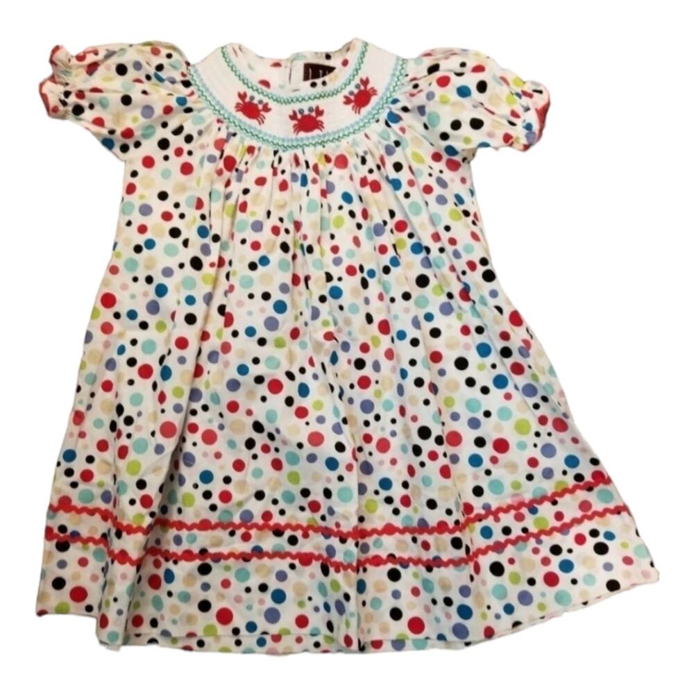 Lil Cactus Smocked Crab Beach Nautical Polka Dot Primary Colors Vintage Dress 3T